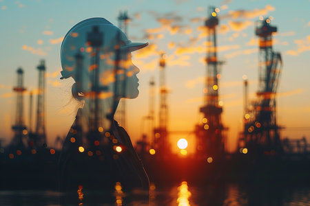 A woman stands confidently in front of a towering oil rig, taking in the industrial setting. The rig looms large behind her, emphasizing the scale of the structure.の素材