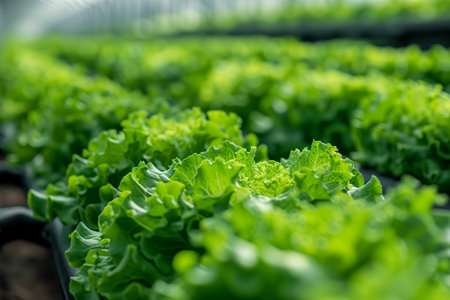 Lush green lettuce plants arranged neatly in rows inside a controlled environment greenhouse.の素材