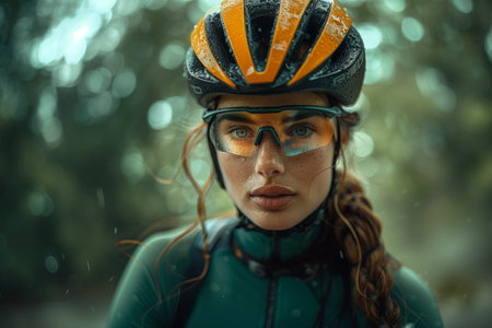A focused woman wearing a bike helmet and glasses is covered with raindrops, showcasing her resolve while cycling in wet weather.の素材