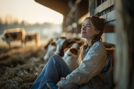 A woman sits on the side of a barn next to a group of cows. She observes the animals in their natural habitat.の素材