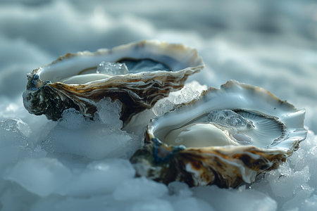 Two raw oysters resting on a bed of ice, ready to be shucked and enjoyed as a delicious seafood treat.の素材
