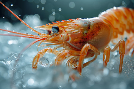 A detailed view of a shrimp perched on a rock, showing its intricate features and natural habitat in vivid detail.の素材
