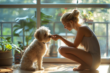 Woman Petting Small White Dog on Floorの素材