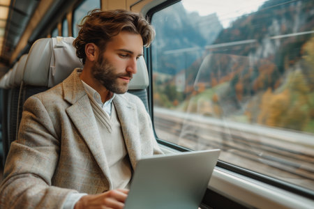 A man in casual attire sitting on a train seat, focused on his laptop screen. He appears engrossed in his work or task, surrounded by train interior.の素材