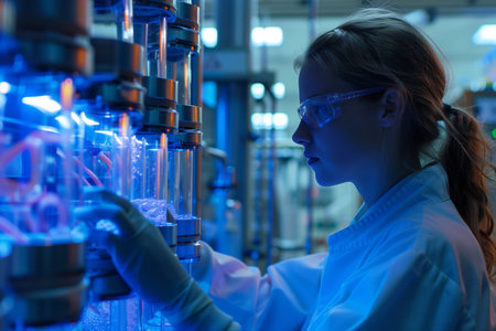 A woman wearing a lab coat is seen working on a machine in a laboratory setting.の素材