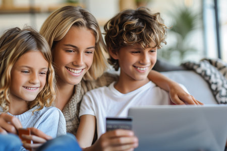 Several children are seated on a couch, engaged with a tablet device. They look focused and interested in what they are viewing on the screen.の素材