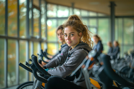 A diverse group of individuals is working out, vigorously pedaling stationary bikes in a fitness gym.の素材
