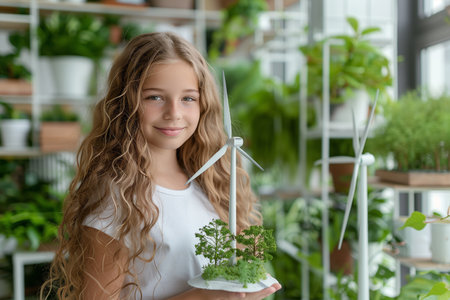 A woman holding a potted plant in a vibrant greenhouse filled with various green plants and flowers. She is standing amidst the lush foliage.の素材