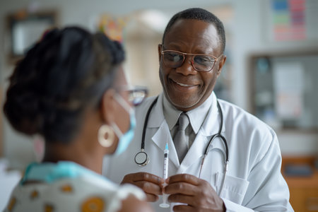 A doctor in a white coat is having a conversation with a patient sitting in a hospital room. They are engaged in discussion, possibly about medical conditions or treatment options.の素材