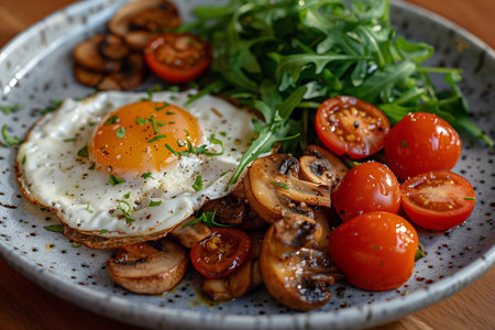 A plate filled with sauteed mushrooms, ripe tomatoes, and a perfectly cooked egg, promising a delicious and wholesome meal.の素材
