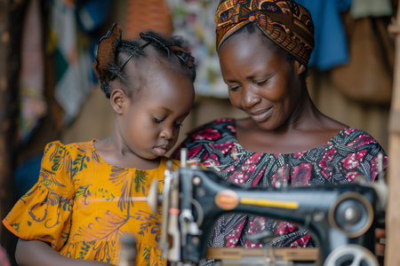 A woman and a child busy sewing on a sewing machine together.の素材