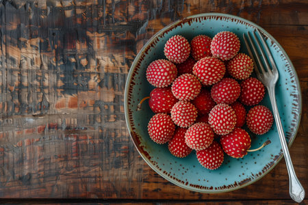 Bowl with lychee and fork on a wooden table. View from above.の素材