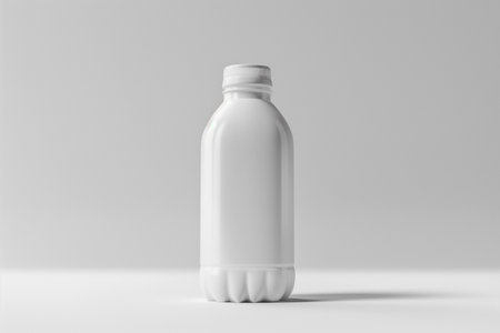 A white bottle is placed on a wooden table, creating a simple and minimalistic scene.の素材