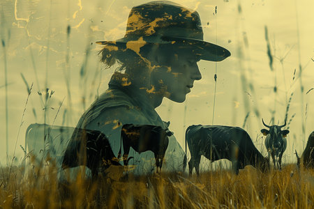 A man standing in a grassy field next to a cow, both looking towards the camera.の素材