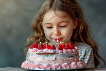 A young girl sitting in front of a cake with lit candles, blowing to extinguish them.の素材