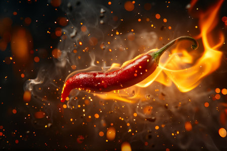 A hot chili pepper on fire, blazing against a stark black backdrop.の素材