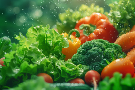 Close-up of various vegetables getting drenched in the rain, showcasing water droplets on their surfaces.の素材