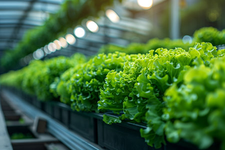 Agricultural scene showing rows of lettuce plants cultivated in a greenhouse.の素材