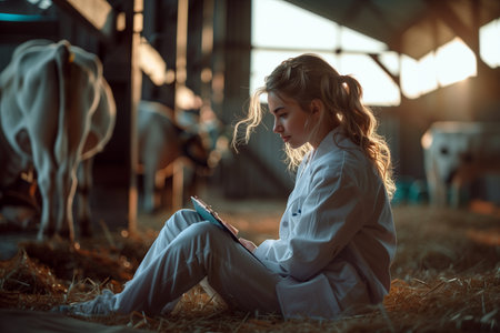 A woman sitting in a barn, engrossed in a book she is reading.の素材