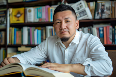 A man sitting at a table with a book opened in front of him, engrossed in reading.の素材