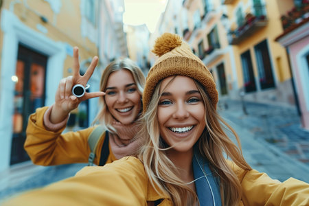 Two young women stand side by side, both extending their index and middle fingers to form peace signs.の素材