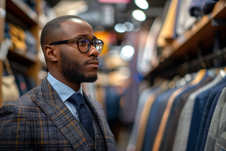 Stylish African American man shopping in a clothing store.の素材