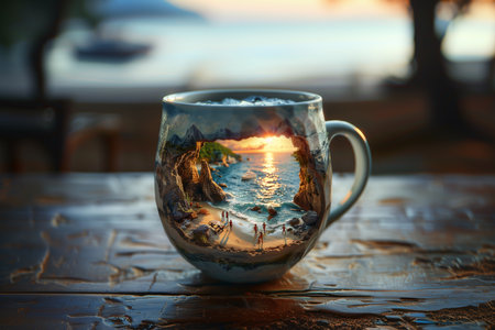 On the table there is a cup, inside of which there is a sea coast with a beach and people having a rest.の素材