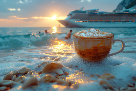 A cup of coffee placed on top of a sandy beach, with the waves gently lapping at the shore.の素材