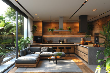 A room filled with various pieces of furniture, arranged neatly, surrounded by numerous potted plants of different varieties and sizes.の素材