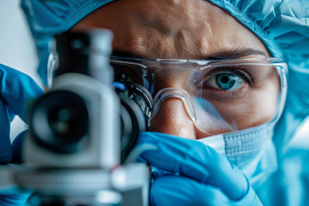A man wearing blue gloves and goggles closely inspects samples under a microscope in a laboratory setting.の素材