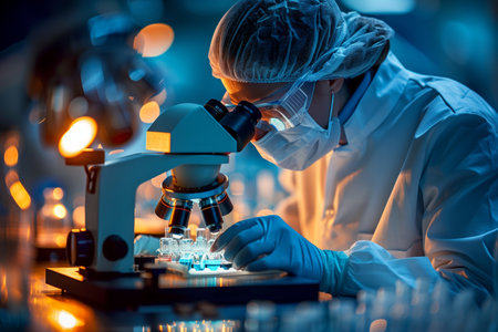 A woman in a lab coat carefully examines specimens on a slide under a microscope in a research laboratory.の素材
