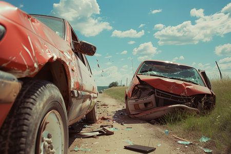 Two damaged cars after a collision, with debris scattered on the road under a clear blue sky.の素材