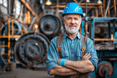 A man wearing a hard hat standing in an industrial factory setting.の素材