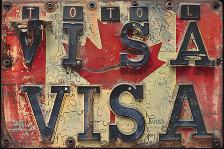 A metal sign proudly displaying the famous red and white Canadian flag and the words Visaの素材