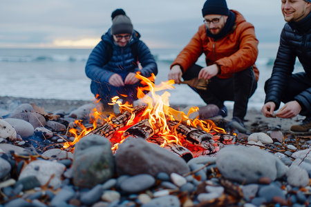 Two men are seated by a campfire on the sandy beach, enjoying the warmth and crackling flames under the night sky.の素材