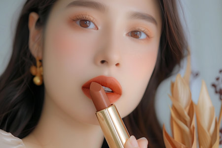 A woman holding a lipstick between her teeth, preparing to apply it.の素材