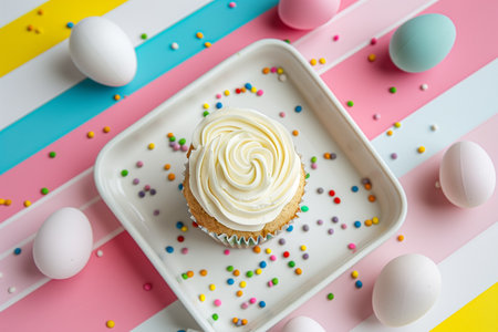 On a white plate there is one cupcake with white icing and multi-colored sprinkles, with multi-colored eggs lying next to it. Easter background.の素材