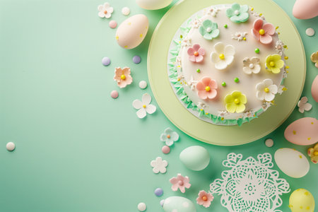 A cake adorned with delicate pastel flowers sits on a plate, creating a visually appealing and elegant dessert.の素材
