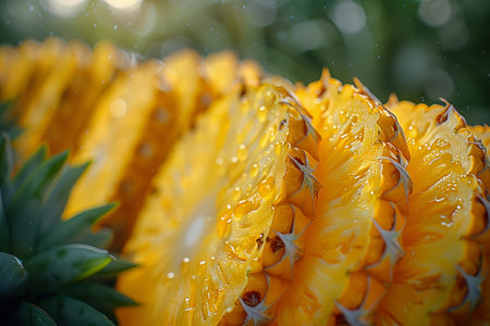 Close-up view of a pineapple covered in sparkling water droplets.の素材
