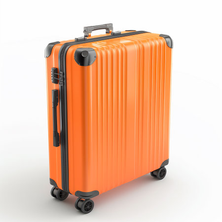 An orange suitcase with wheels standing on a white background, ready for travel or storage.の素材