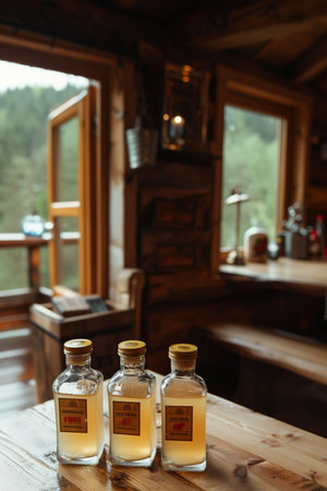 Three assorted bottles filled with liquid are placed on a rustic wooden table.の素材