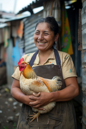A woman standing outdoors holding a chicken in her arms.の素材