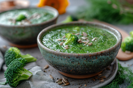 Two bowls filled with hot broccoli soup placed on a wooden table. Steam rising from the bowls indicates the warmth of the soup.の素材