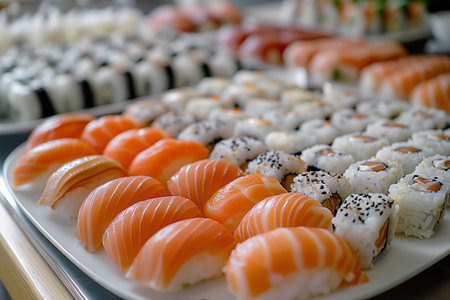 A variety of sushi rolls, sashimi, and nigiri displayed on a platter atop a table.の素材