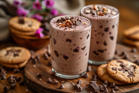 Two glasses filled with creamy milkshake topped with cookies and chocolate chips.の素材