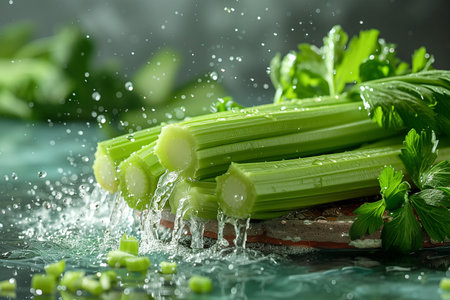 A stack of celery sticks neatly arranged on a wooden table.の素材