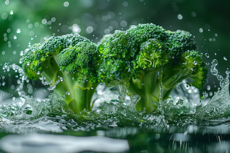 A close-up view of a bunch of fresh broccoli submerged in water in a preparation process.の素材