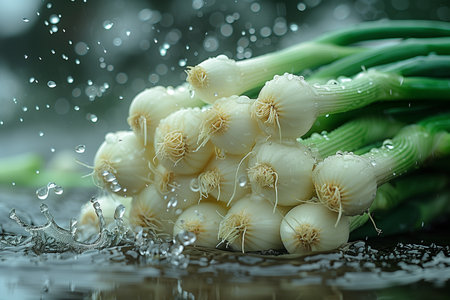 Several onions neatly arranged on top of a wooden table.の素材