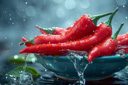 A blue bowl on a table filled with vibrant red peppers, showing contrast and freshness.の素材