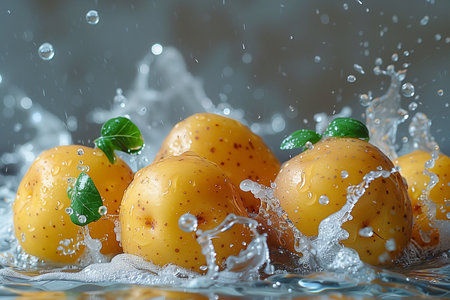 New floating potatoes in clear water. Close-upの素材